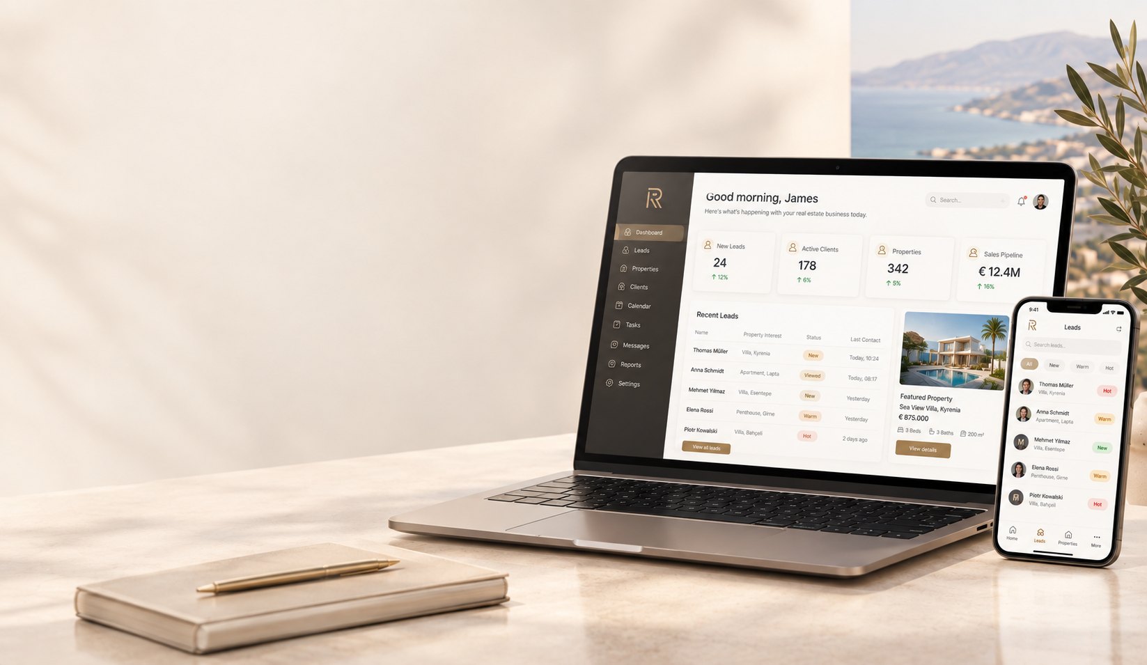 Real-Cyprus CRM dashboard on a laptop with the lead list on a phone